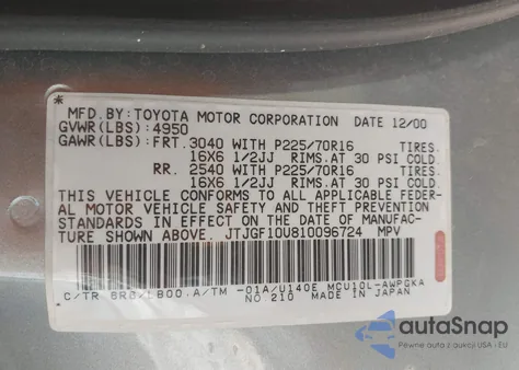 2001 Lexus Rx 300 z USA, uszkodzony, nr VIN JTJGF10U810096724